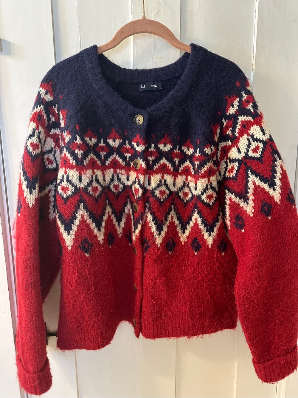 GAP Red, Navy & Cream Fair Isle Knit Cardigan